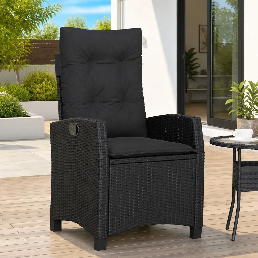 Reclining Garden Chair Outdoor Use Adjustable Backrest Padded Cushions Black