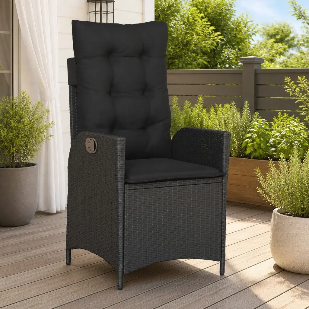 Reclining Garden Chair Outdoor Use Adjustable Backrest Cushions Black