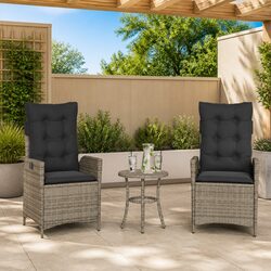 2pc Grey Outdoor Reclining Chairs - Poly Rattan & Cushions