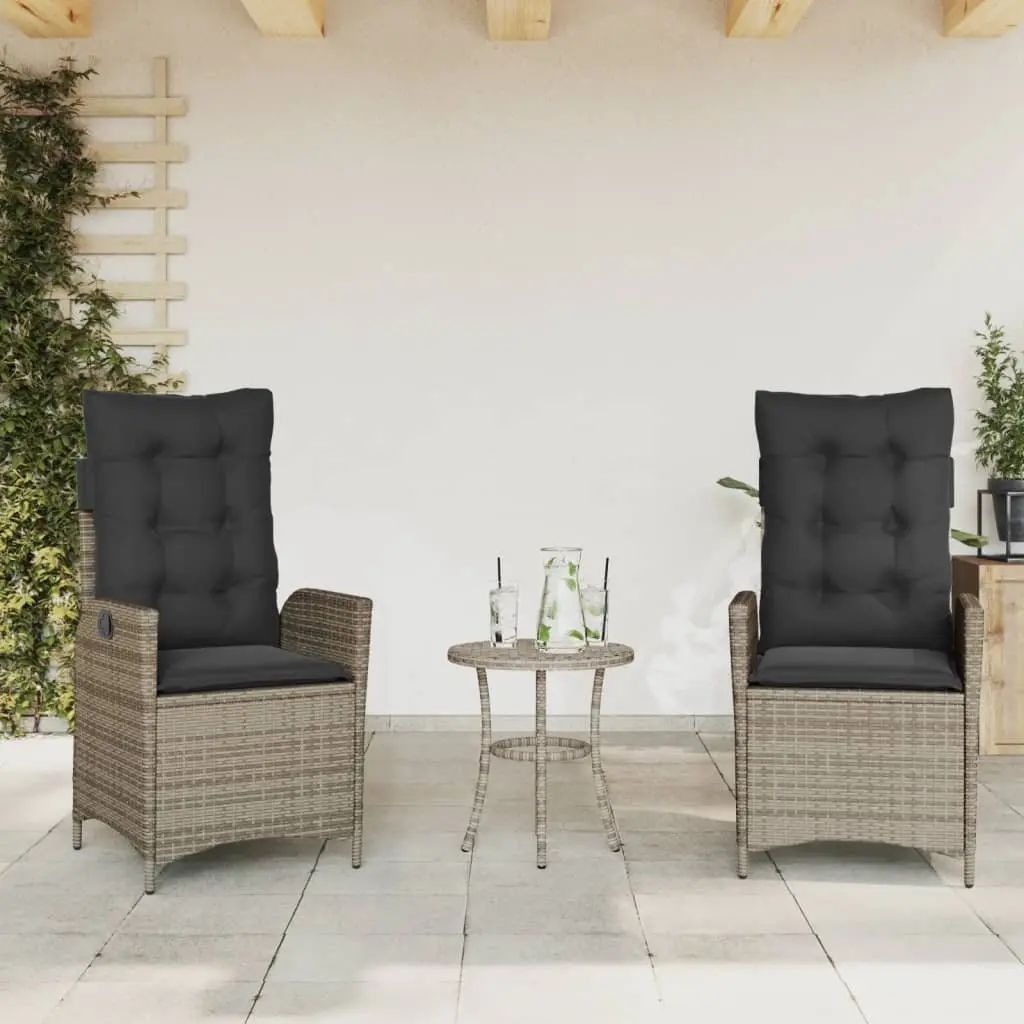 3 Piece Outdoor Bistro Set Grey Poly Rattan Garden Furniture with Cushions