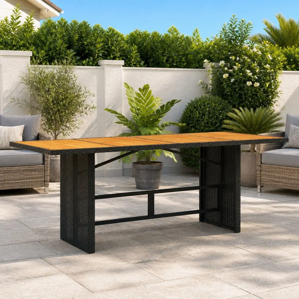 Garden Dining Table Outdoor Patio Furniture Black Poly Rattan Frame Wooden Top 190 x 80 x 74 cm