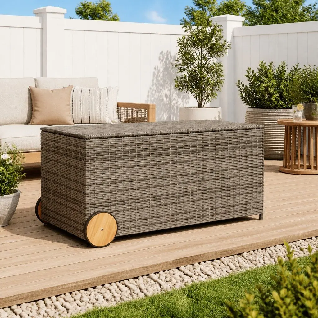 Garden Storage Box Outdoor Furniture Grey 190L Poly Rattan with Wheels