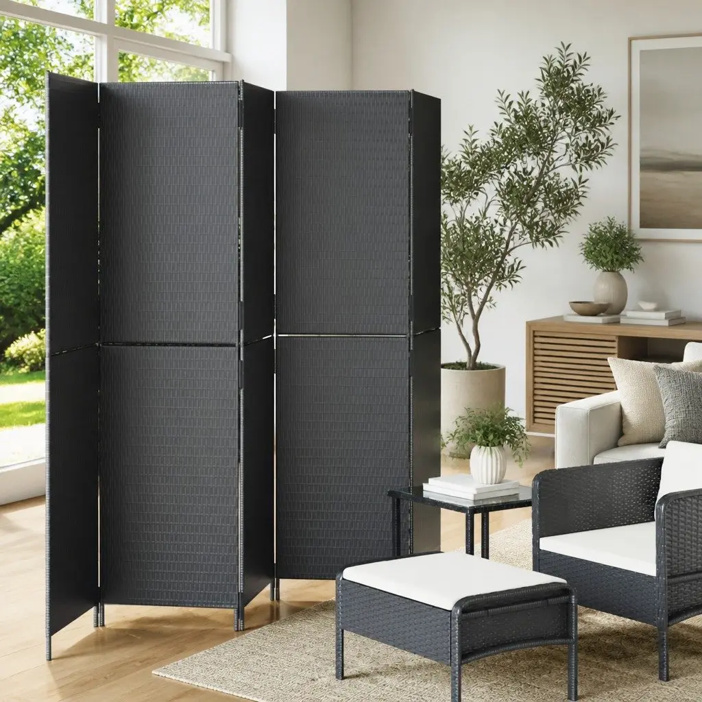 Room Divider 5 Panels Black Poly Rattan Folding Partition for Indoor Outdoor Use