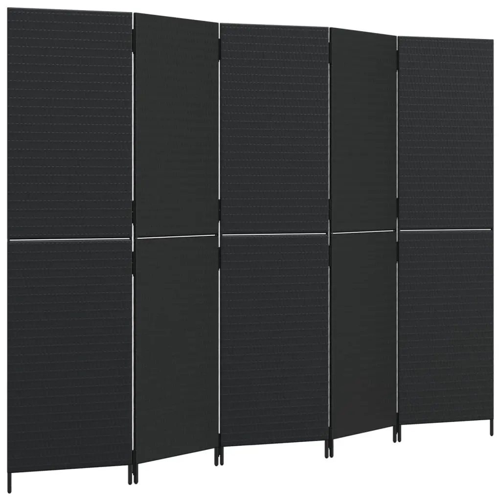 Room Divider 5 Panels Black Poly Rattan Folding Partition for Indoor Outdoor Use