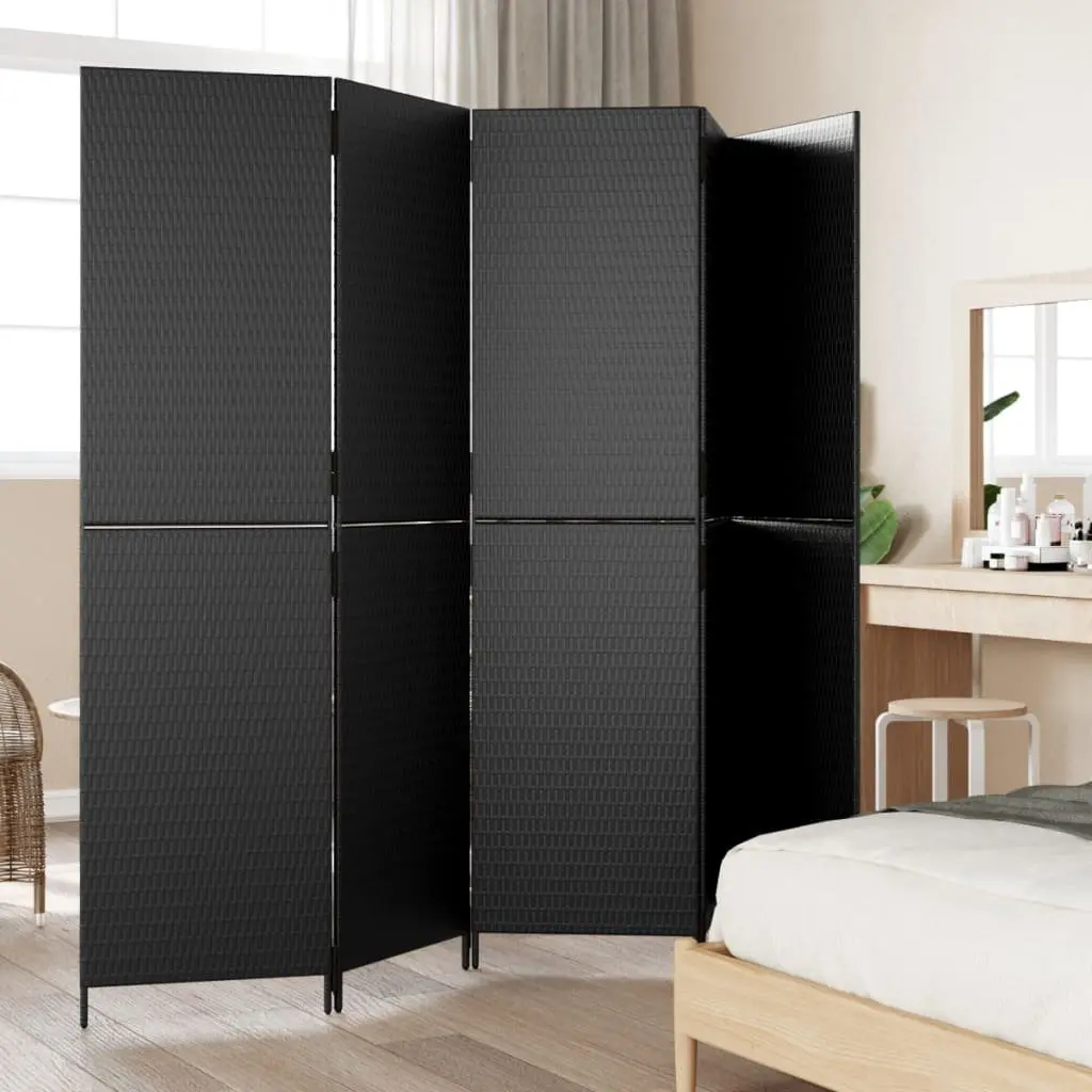 Room Divider 5 Panels Black Poly Rattan Folding Partition for Indoor Outdoor Use