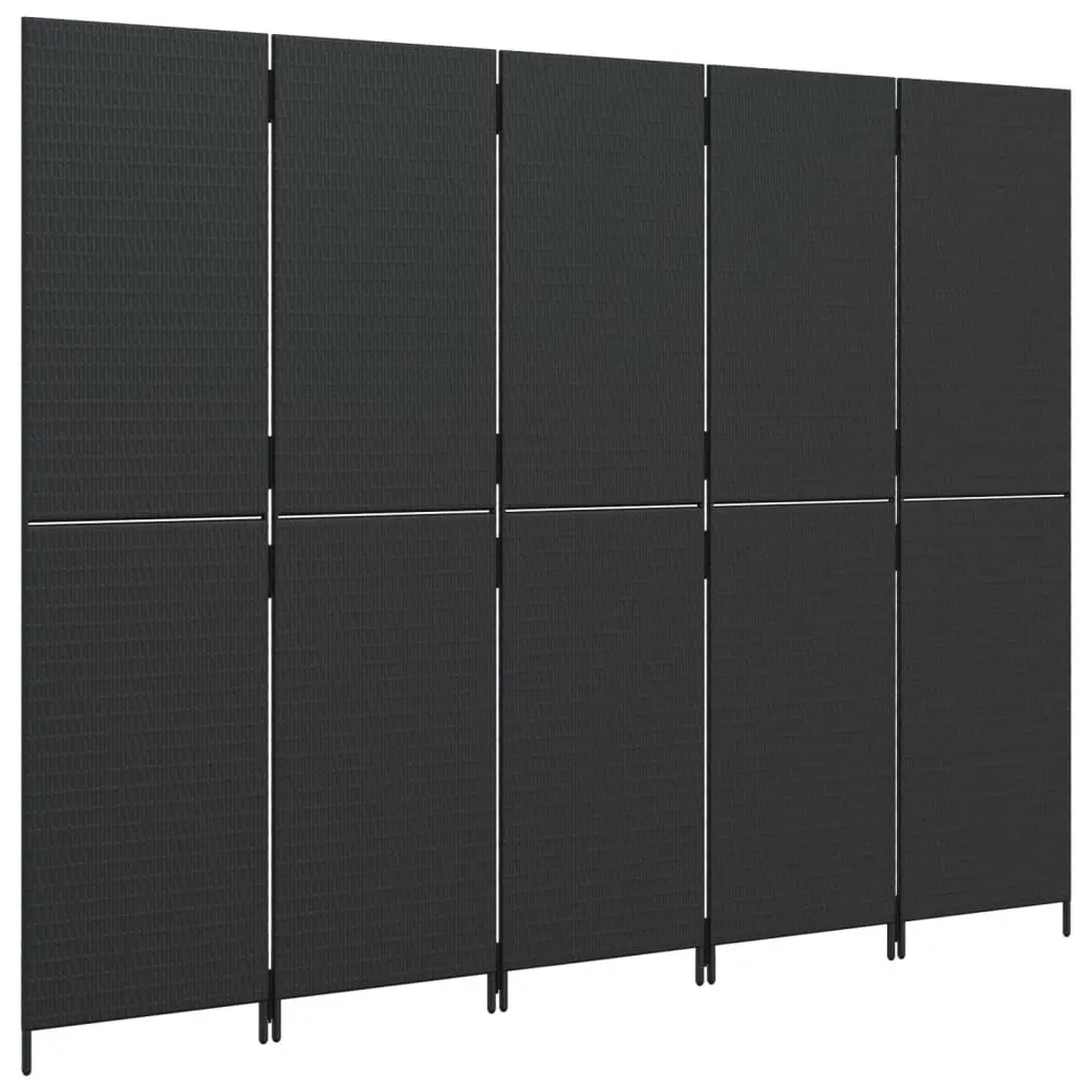 Room Divider 5 Panels Black Poly Rattan Folding Partition for Indoor Outdoor Use