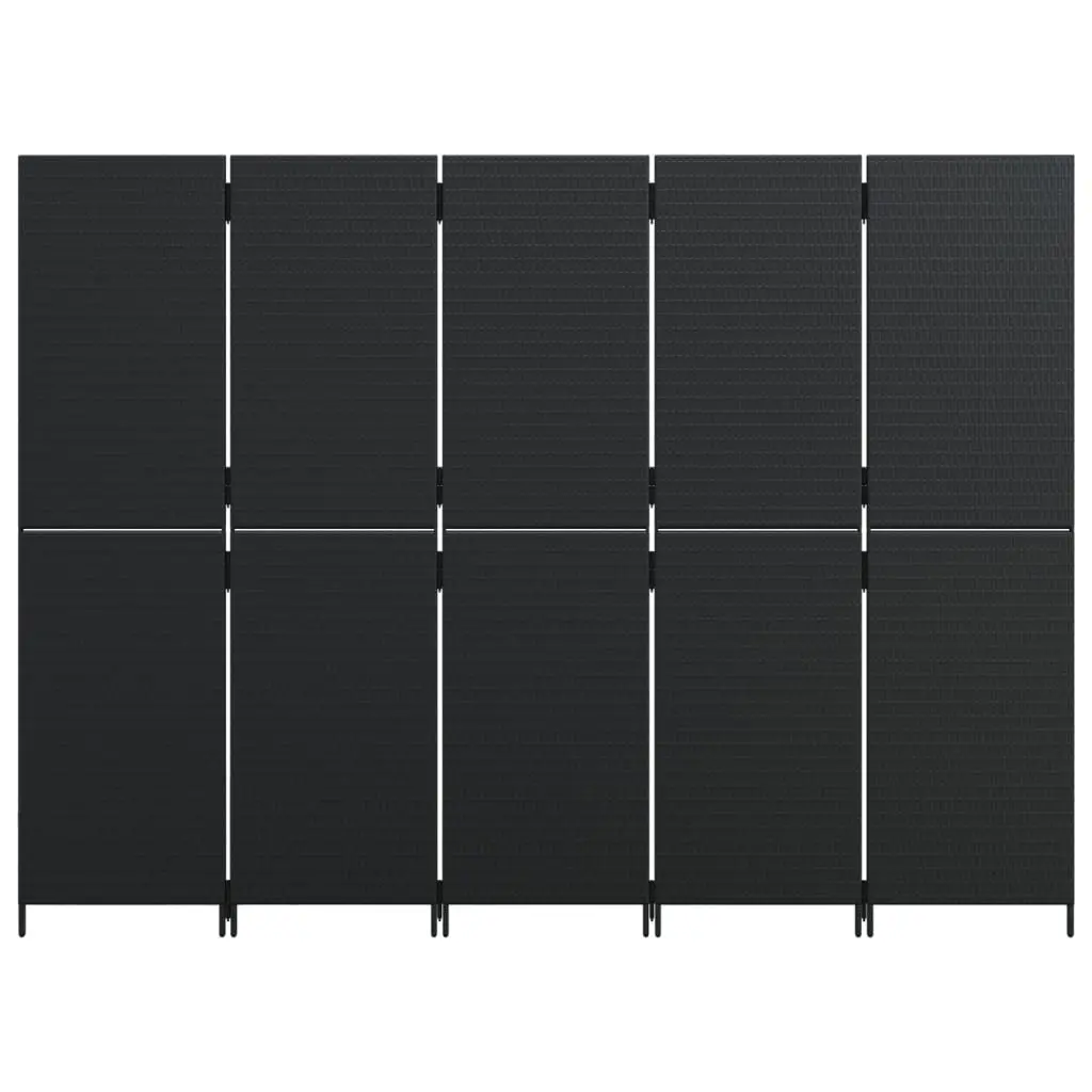 Room Divider 5 Panels Black Poly Rattan Folding Partition for Indoor Outdoor Use