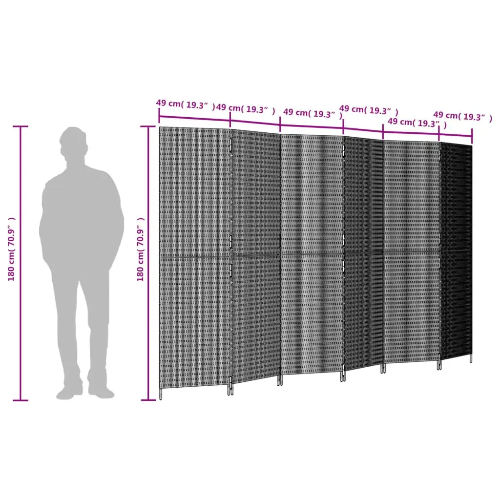 Room Divider 6 Panels Black Poly Rattan Privacy Screen Folding Partition