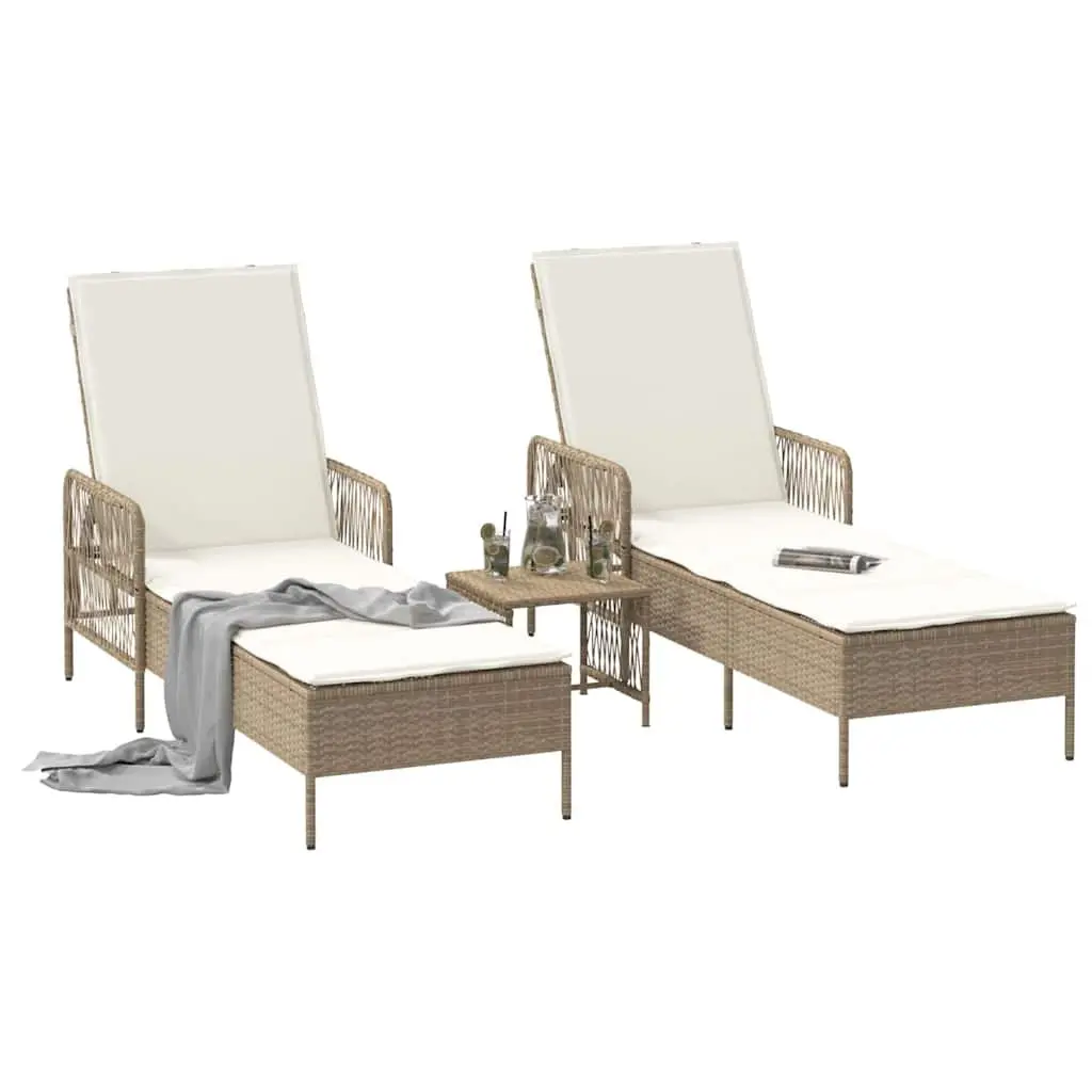 Sun Lounger Set Outdoor Patio Garden 3 Piece Beige Adjustable Reclining Chair