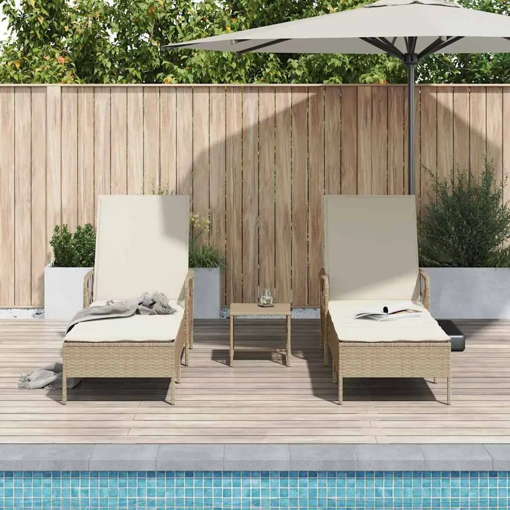 Sun Lounger Set Outdoor Patio Garden 3 Piece Beige Adjustable Reclining Chair