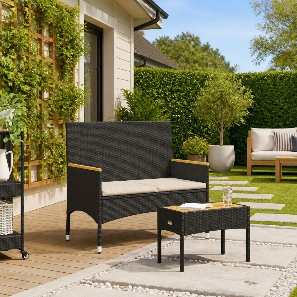 2-Seater Garden Bench with Table and Cushions Black Poly Rattan Outdoor Patio