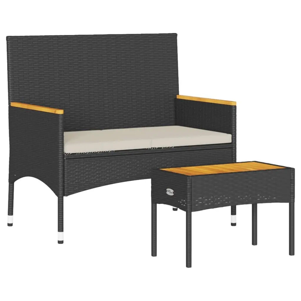 2-Seater Garden Bench with Table and Cushions Black Poly Rattan Outdoor Patio
