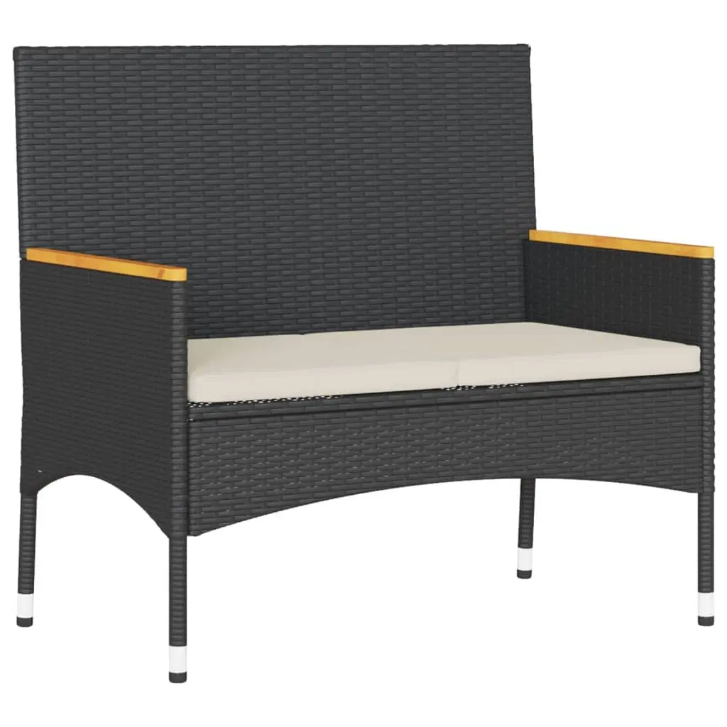 2-Seater Garden Bench with Table and Cushions Black Poly Rattan Outdoor Patio