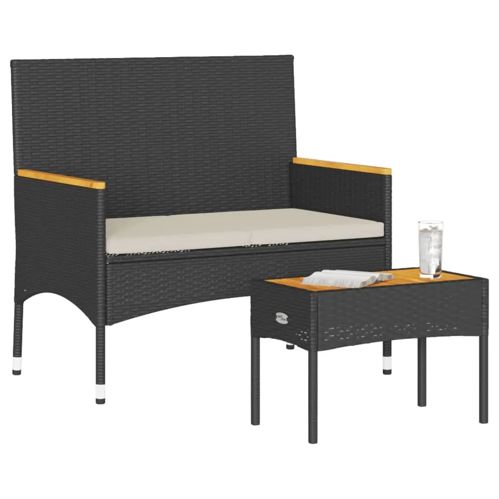 2-Seater Garden Bench with Table and Cushions Black Poly Rattan Outdoor Patio