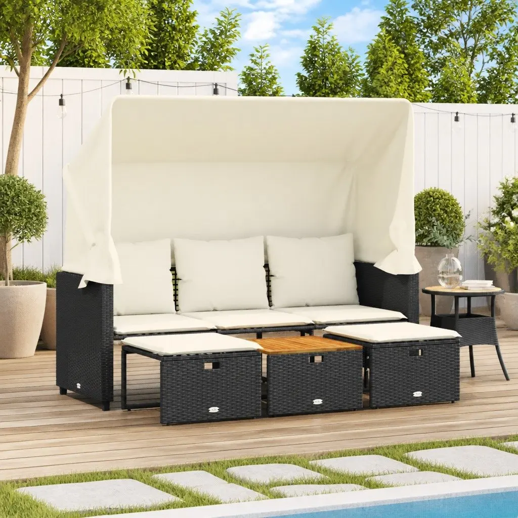 Outdoor 3-Seater Sofa with Retractable Canopy and Stools for Garden Patio Furniture