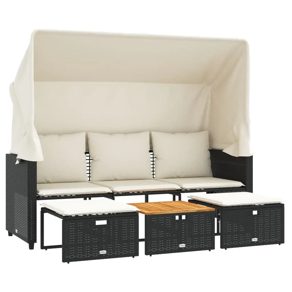 Outdoor 3-Seater Sofa with Retractable Canopy and Stools for Garden Patio Furniture