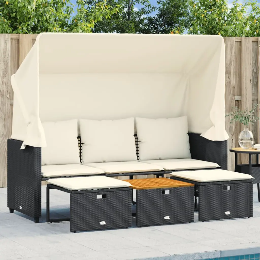 Outdoor 3-Seater Sofa with Retractable Canopy and Stools for Garden Patio Furniture