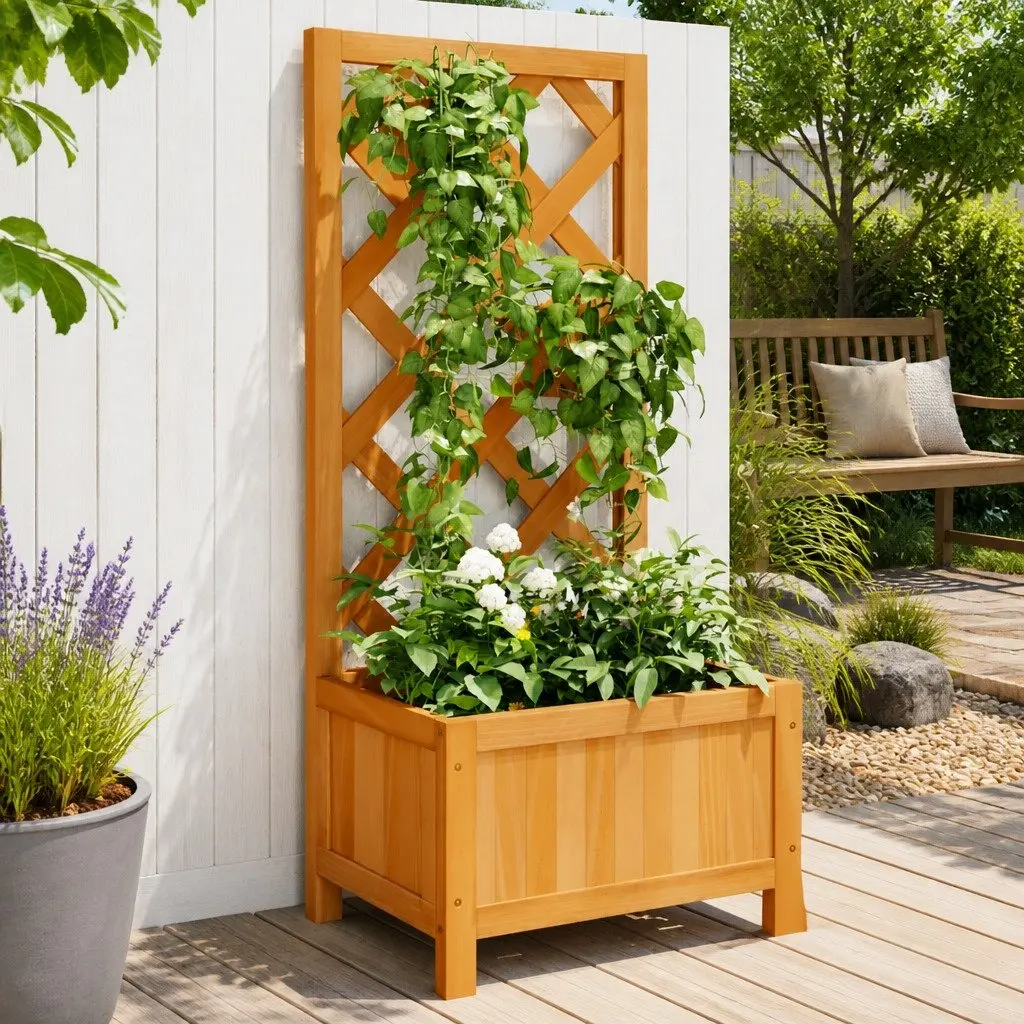 Wooden Planter with Trellis for Garden Outdoor Patio Brown Fir