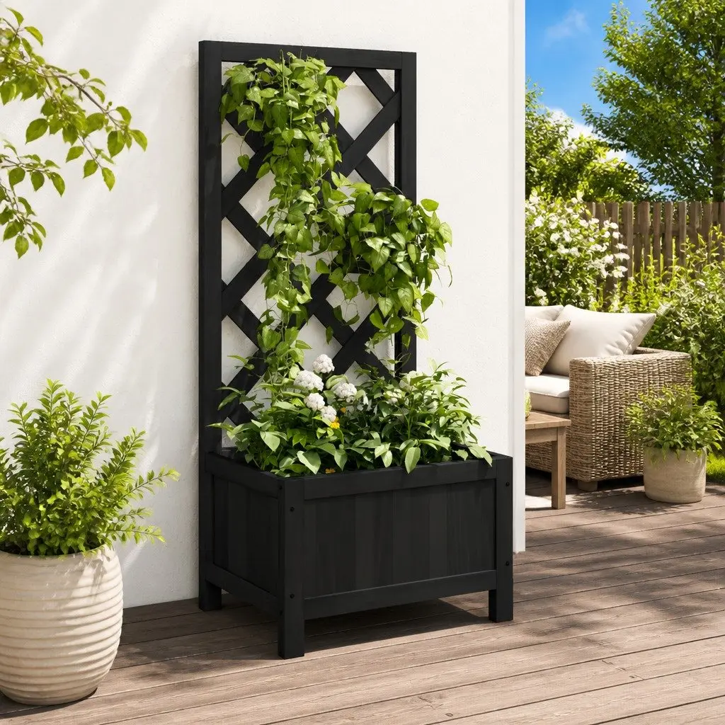 Wooden Planter with Trellis Black Solid Fir Garden Patio Outdoor Plants Support