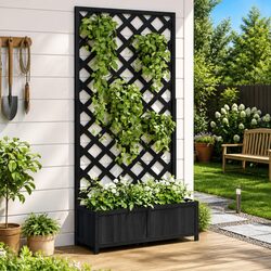 Wooden Planter with Trellis - Solid Fir, Black, Wide & Deep