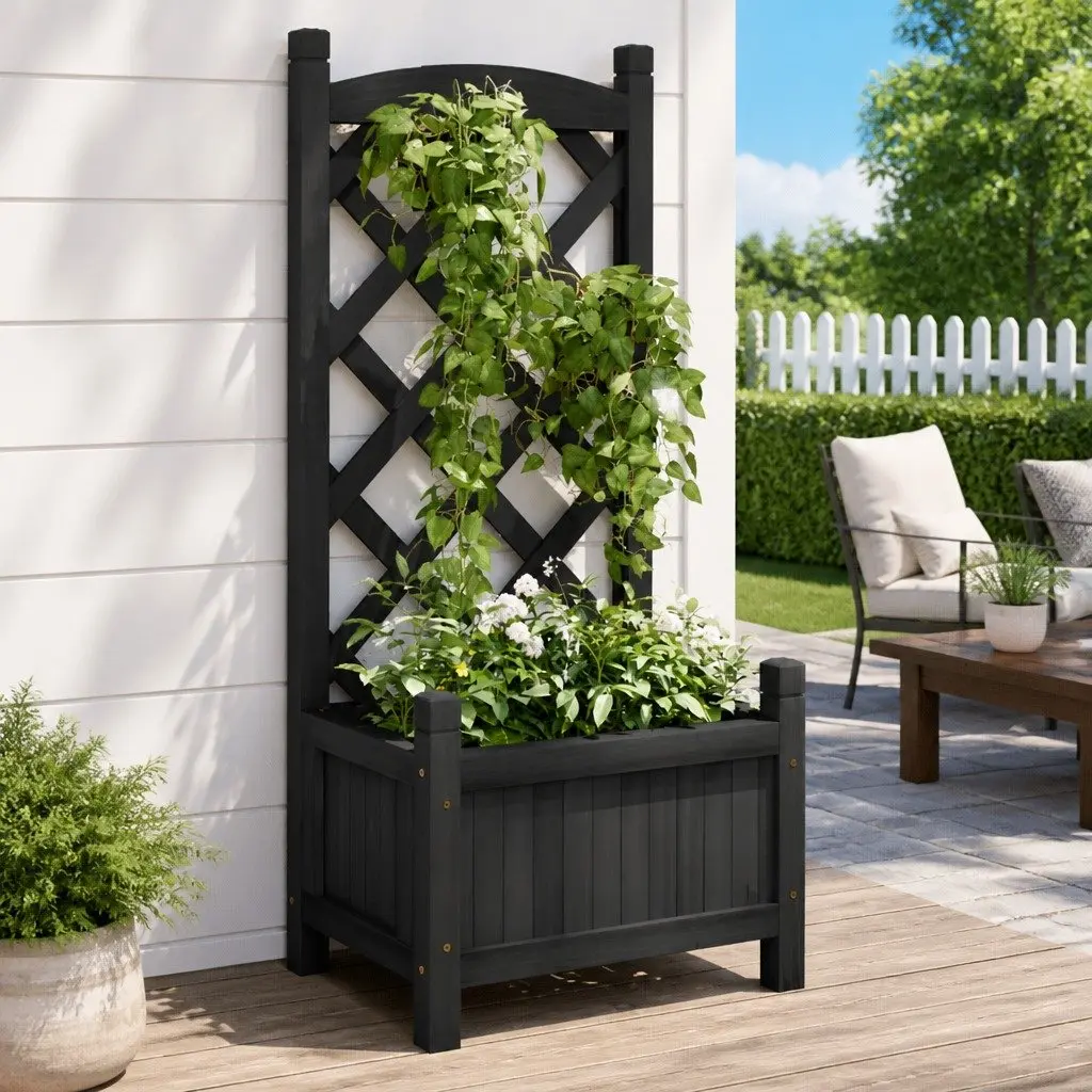 Black Solid Fir Wooden Planter with Trellis