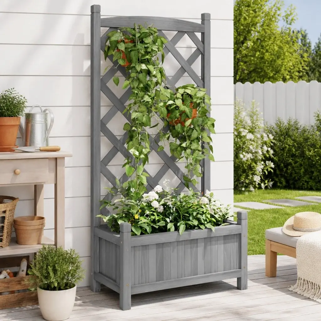 Wooden Planter with Trellis for Garden Patio Grey