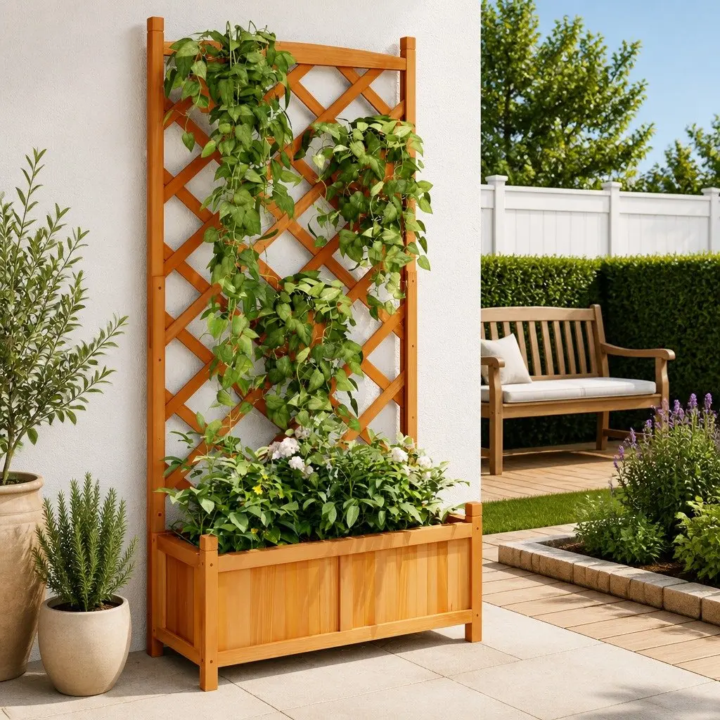 Wooden Planter with Trellis for Garden Patio Brown Fir