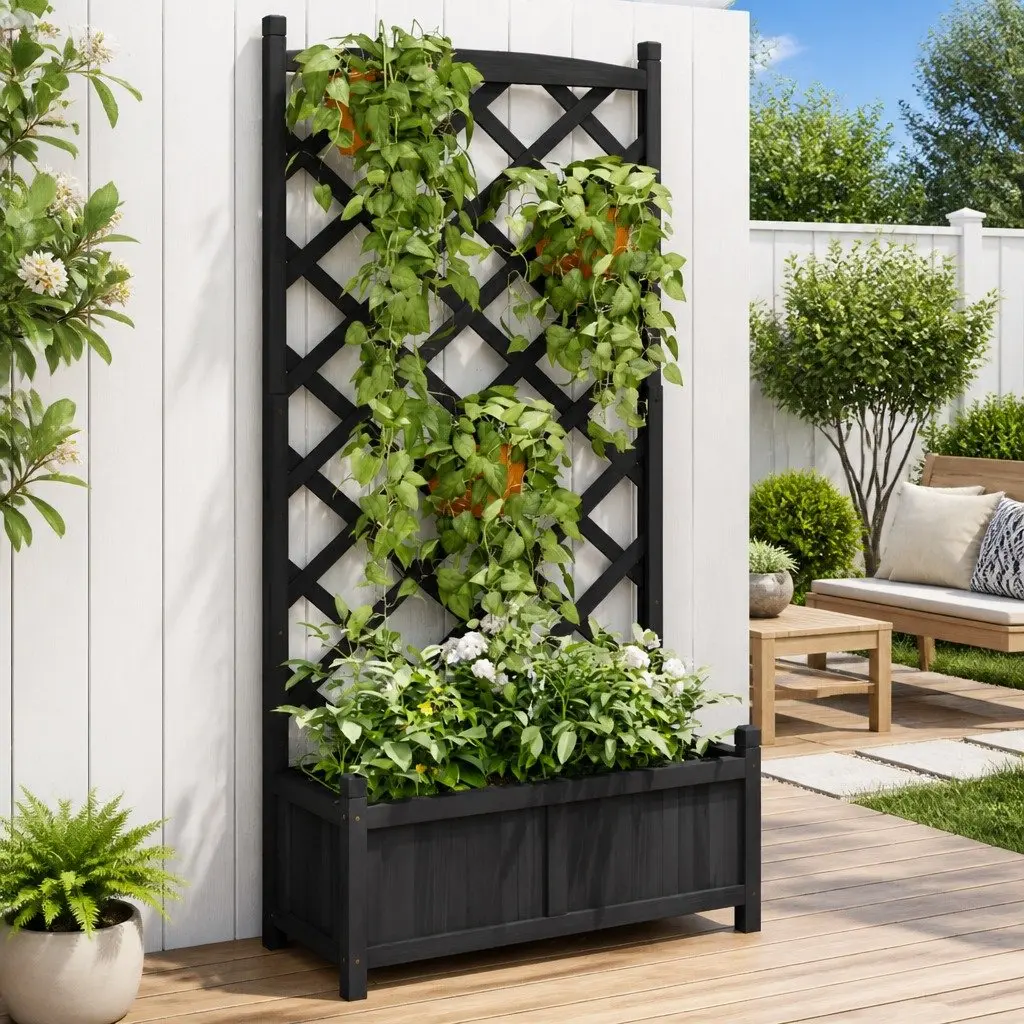 Black Solid Fir Planter with Trellis