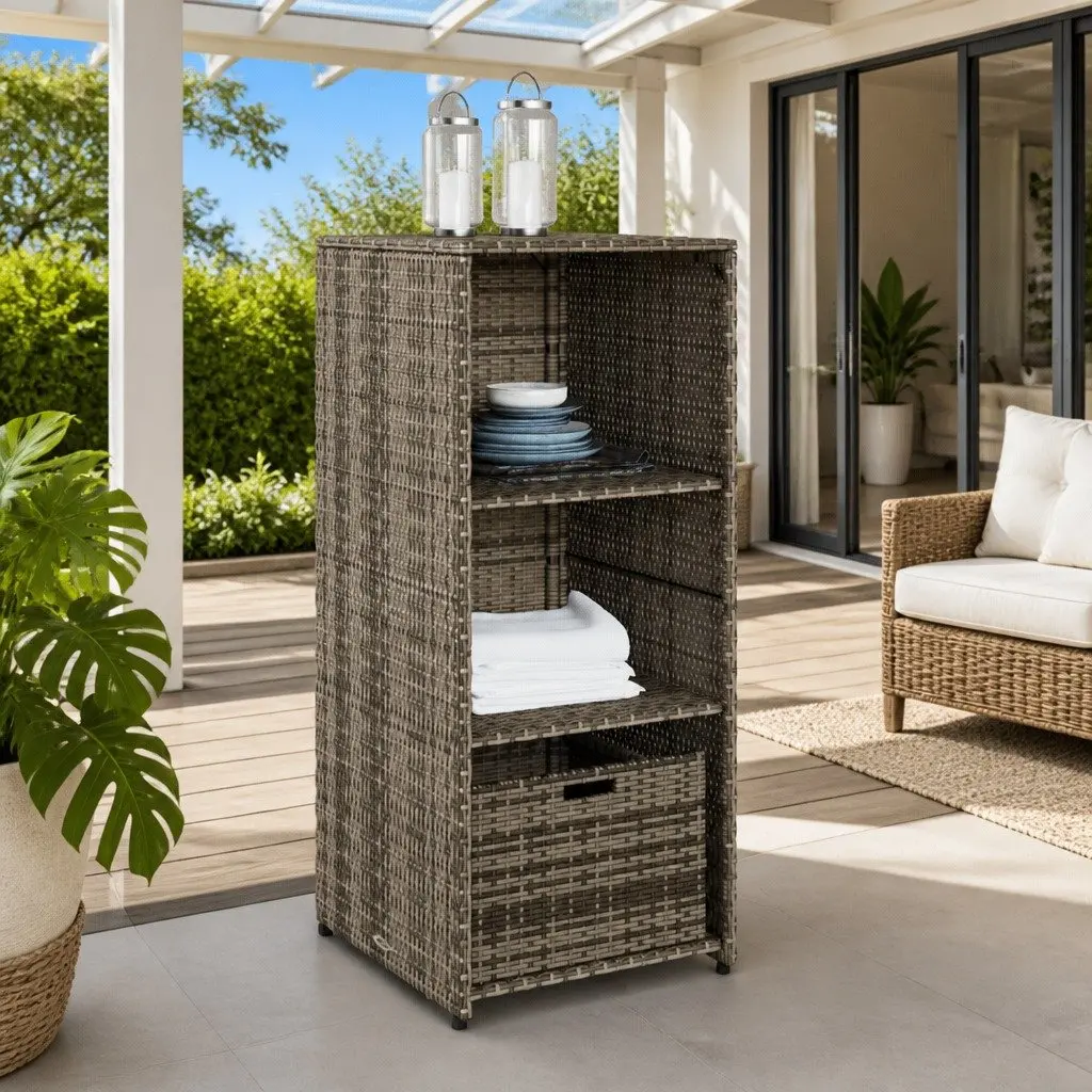 Garden Storage Cabinet Outdoor Use Grey Poly Rattan 50x55x115cm