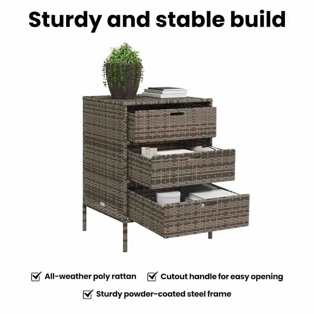 Garden Storage Cabinet Outdoor 3 Drawer Grey Poly Rattan