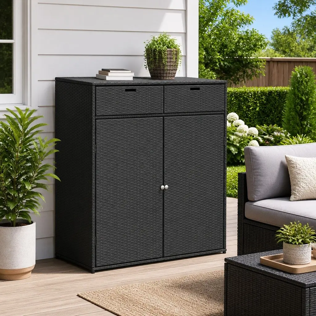 Outdoor Garden Storage Cabinet Poly Rattan Black for Cushions Tools and Supplies 105x55x113cm