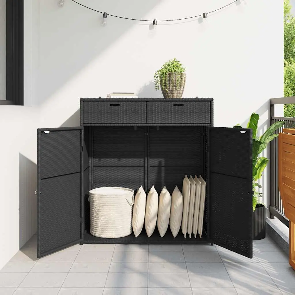 Outdoor Garden Storage Cabinet Poly Rattan Black for Cushions Tools and Supplies 105x55x113cm
