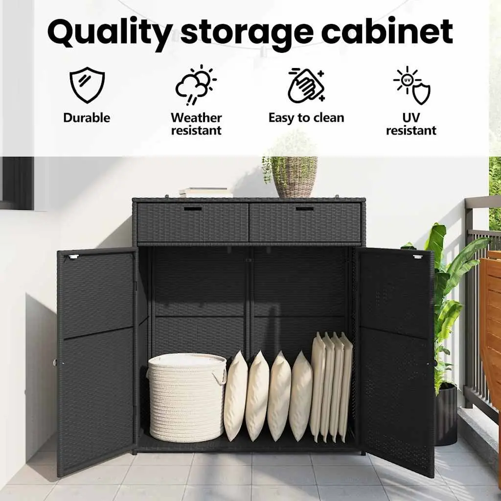 Outdoor Garden Storage Cabinet Poly Rattan Black for Cushions Tools and Supplies 105x55x113cm