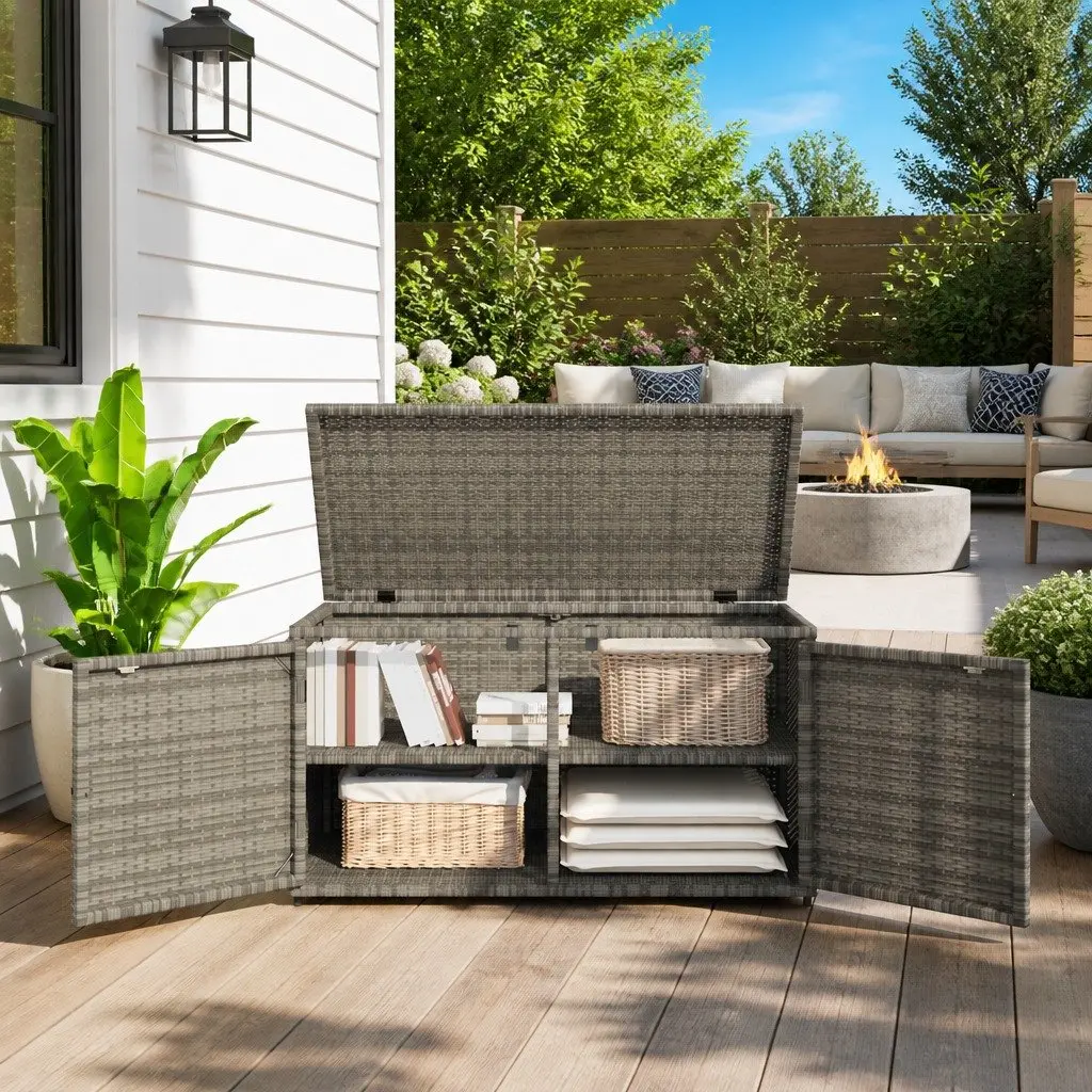 Garden Storage Cabinet Outdoor Grey Poly Rattan Furniture 110 x 55 x 60.5 cm