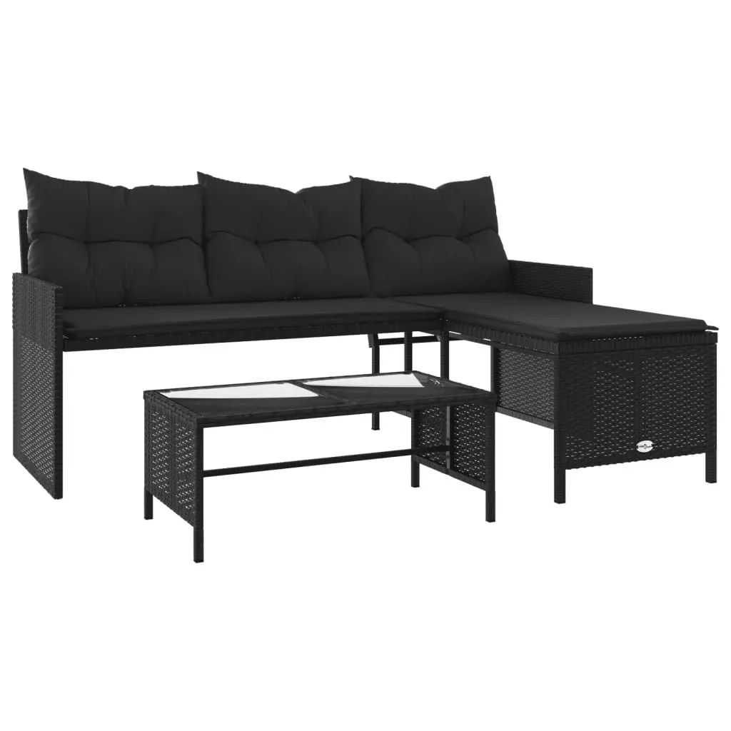 L-Shaped Garden Sofa Set with Table and Cushions Black Poly Rattan Outdoor