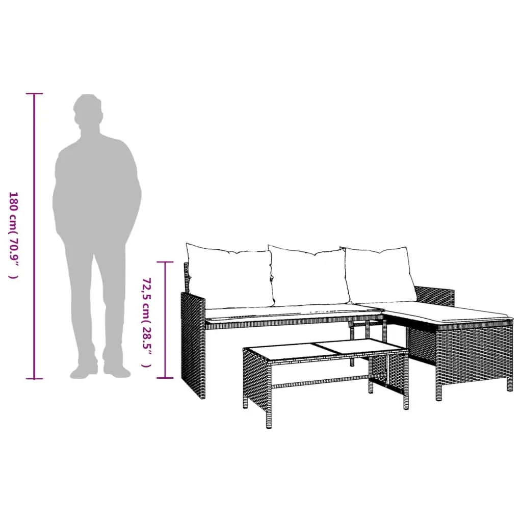 L-Shaped Garden Sofa Set with Table and Cushions Black Poly Rattan Outdoor