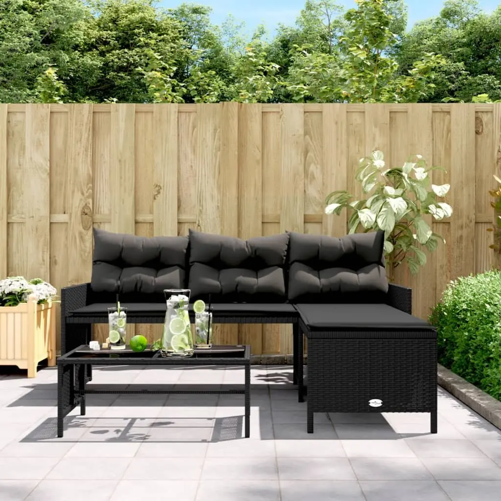 L-Shaped Garden Sofa Set with Table and Cushions Black Poly Rattan Outdoor