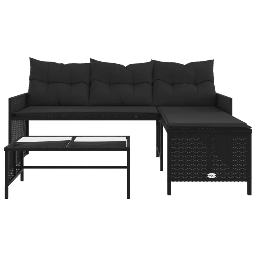 L-Shaped Garden Sofa Set with Table and Cushions Black Poly Rattan Outdoor