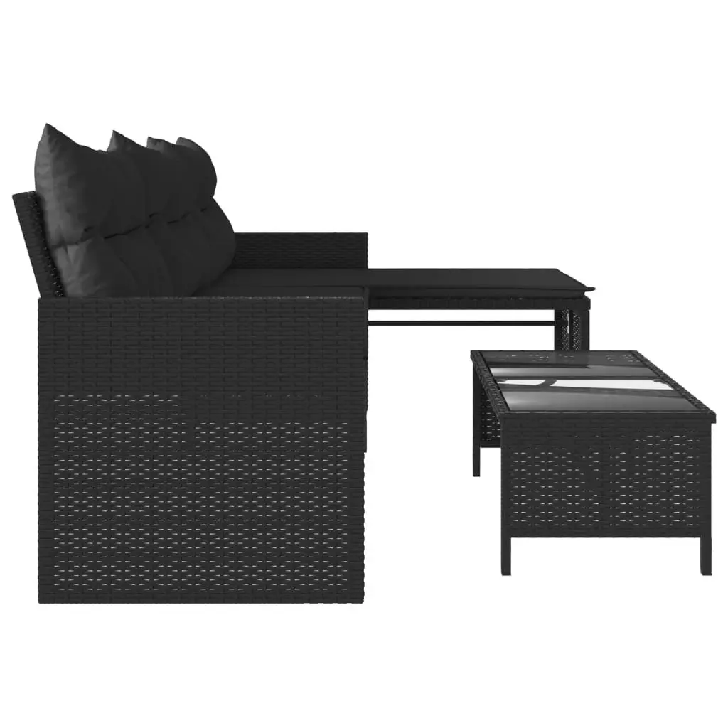 L-Shaped Garden Sofa Set with Table and Cushions Black Poly Rattan Outdoor