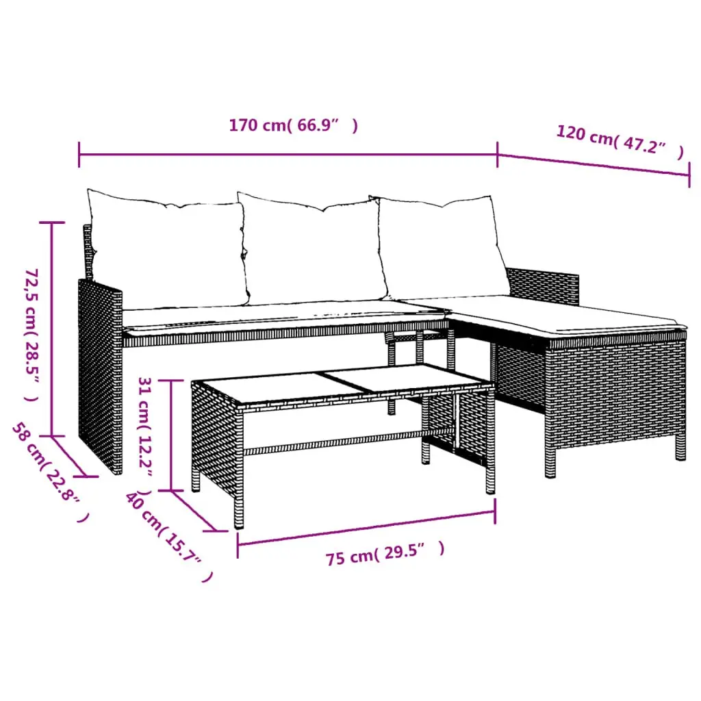 L-Shaped Garden Sofa Set with Table and Cushions Black Poly Rattan Outdoor