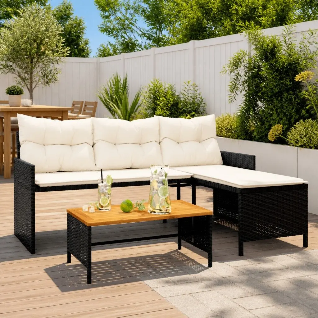 L-Shaped Garden Sofa Set with Table and Cushions Black Poly Rattan Outdoor