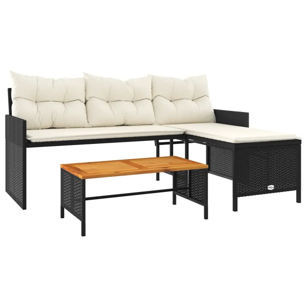 L-Shaped Garden Sofa Set with Table and Cushions Black Poly Rattan Outdoor