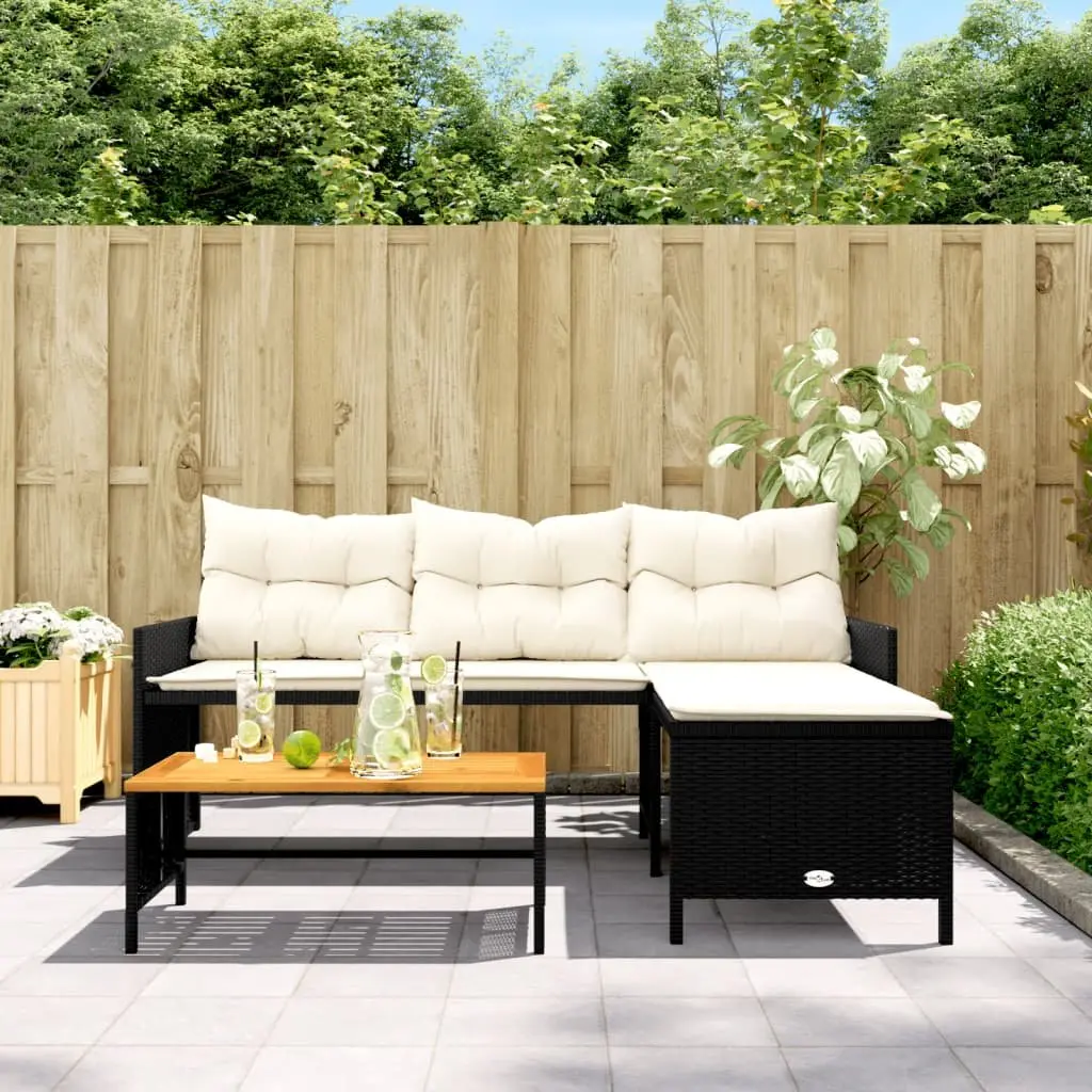 L-Shaped Garden Sofa Set with Table and Cushions Black Poly Rattan Outdoor
