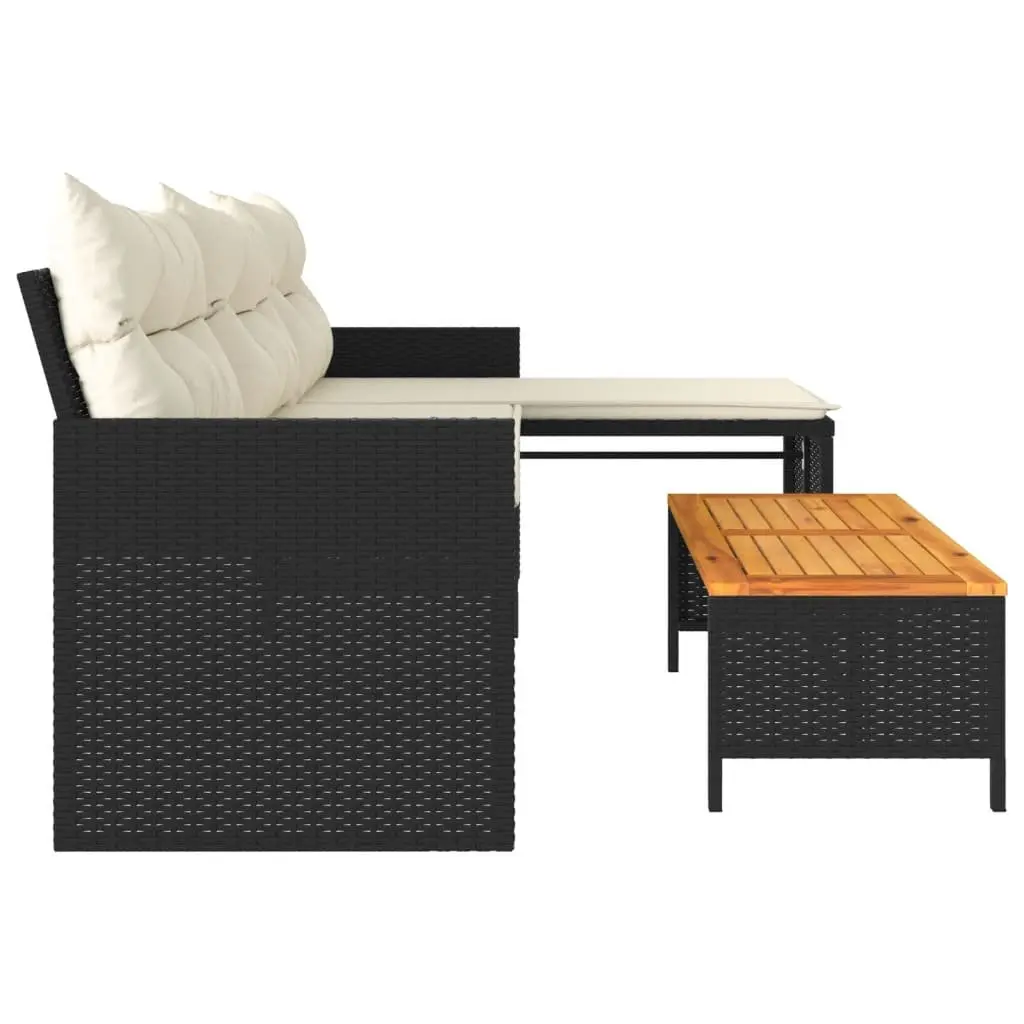 L-Shaped Garden Sofa Set with Table and Cushions Black Poly Rattan Outdoor