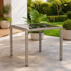 Garden Table 90x90x75cm Grey Glass Top Poly Rattan