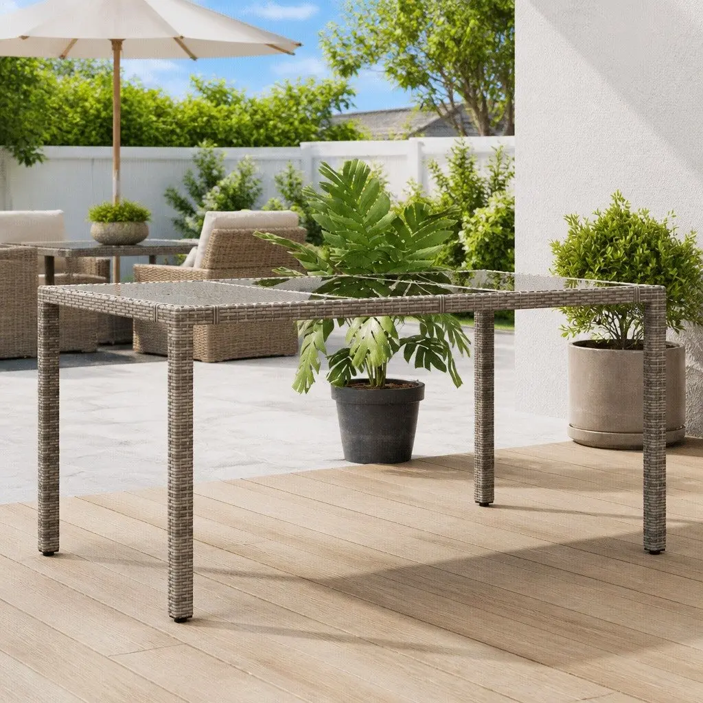 Garden Table Outdoor Patio 150x90x75cm Grey Poly Rattan Glass Top