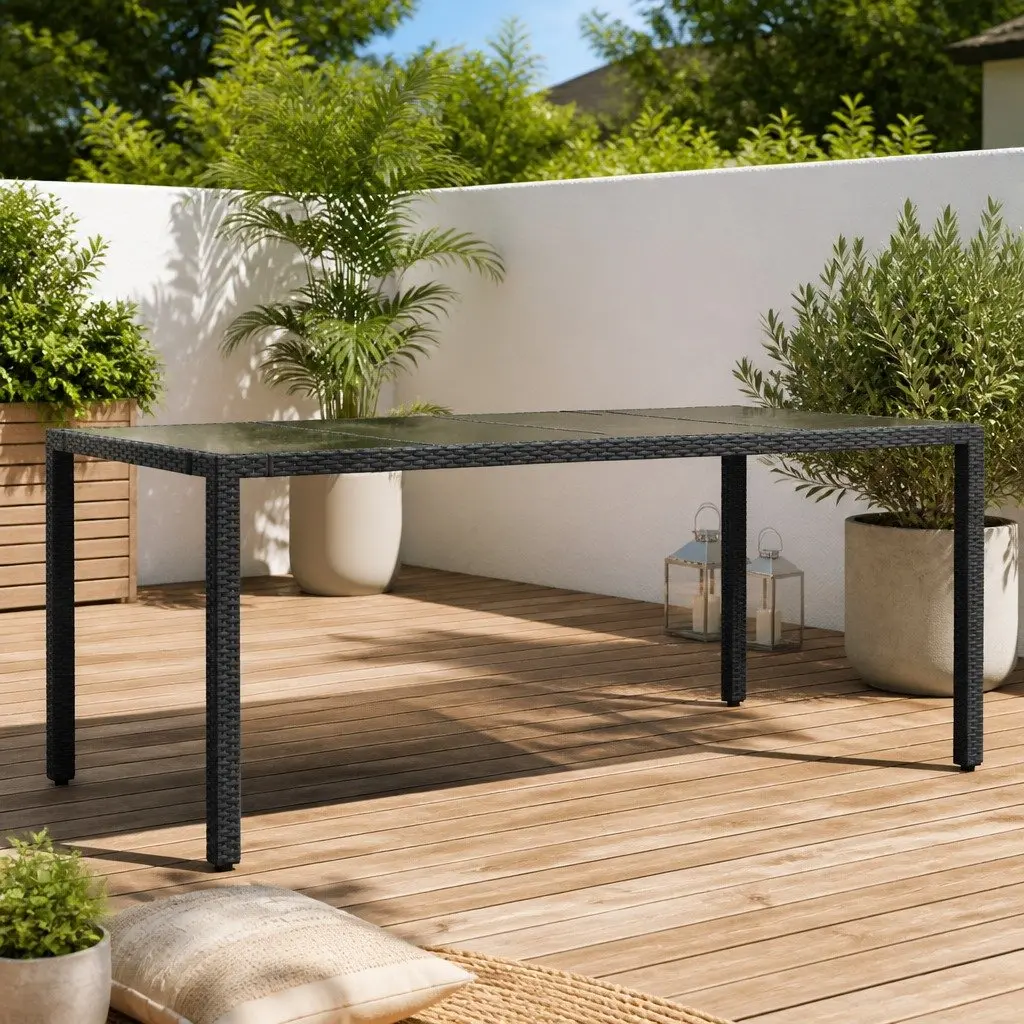Garden Table for Outdoor Use Black Tempered Glass Top 190 x 90 x 75 cm
