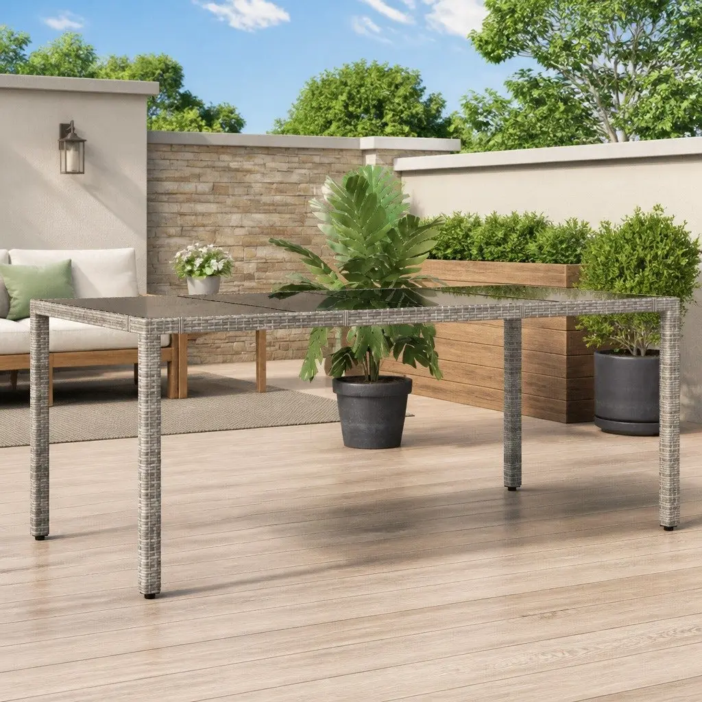 Garden Table Outdoor Use Glass Top Grey Poly Rattan 190x90x75cm
