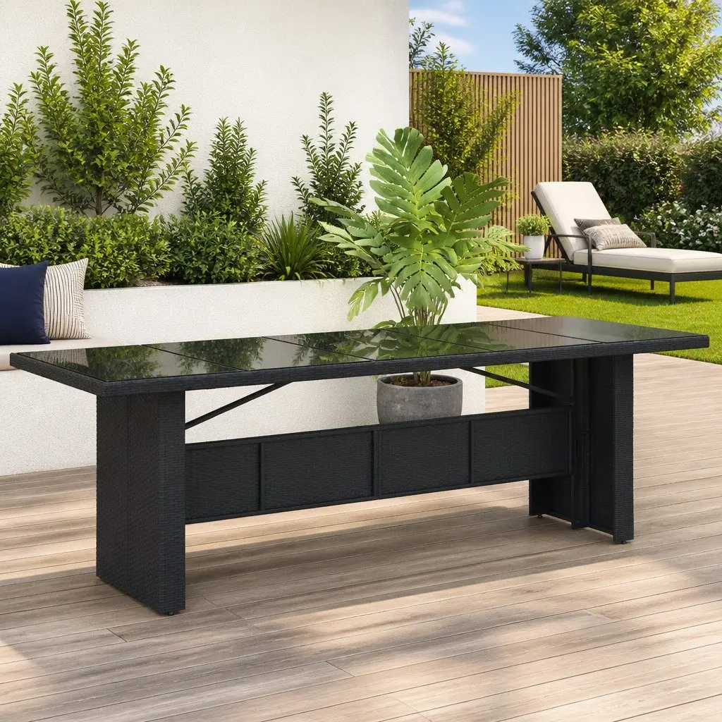 Garden Table Outdoor Patio 240x90x75cm Black Poly Rattan Glass Top