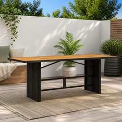 Garden Table Outdoor Patio Furniture Black Poly Rattan Frame Acacia Wood Top